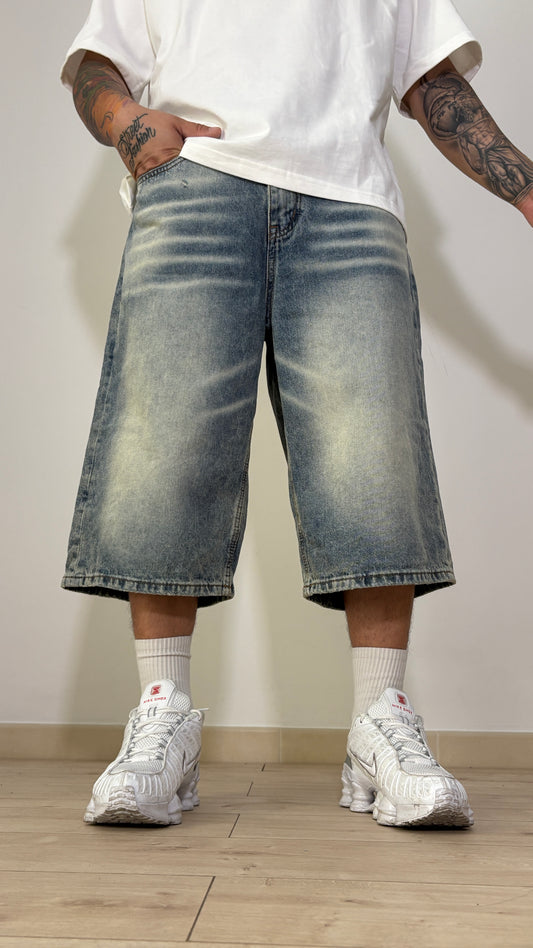 Bermuda Jeans Baggy Denim Vintage Wash Azzurro