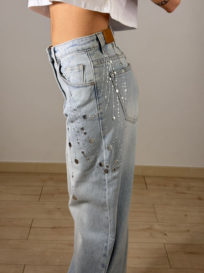 Jeans Balloon Strass Light Blue