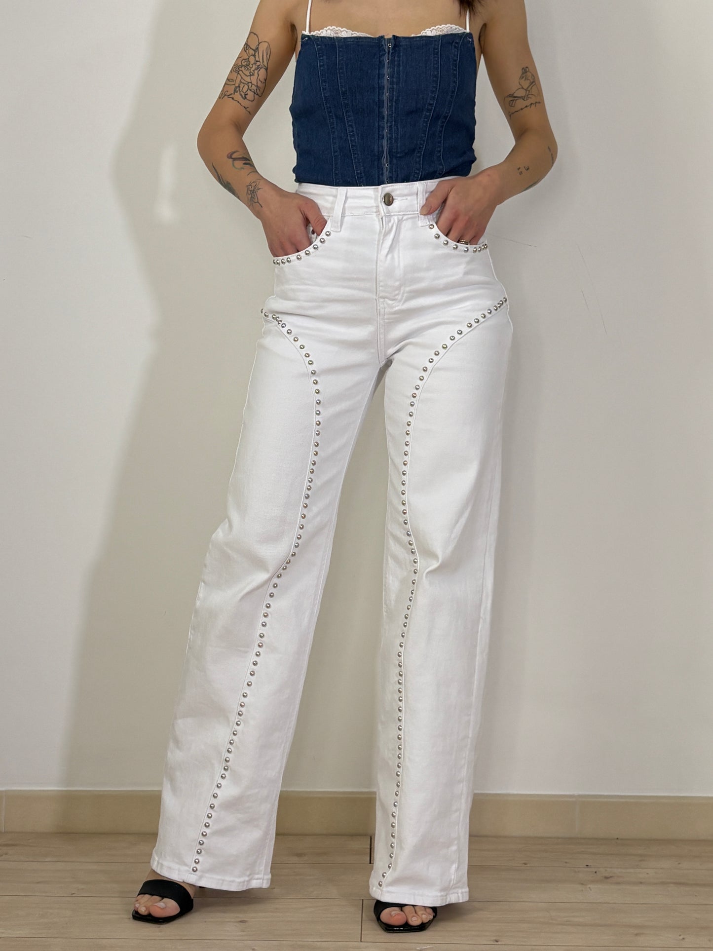 Jeans White Studs Wide Leg