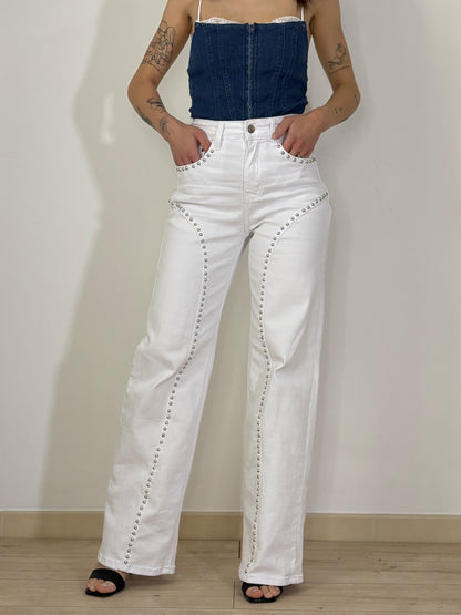 Jeans White Studs Wide Leg