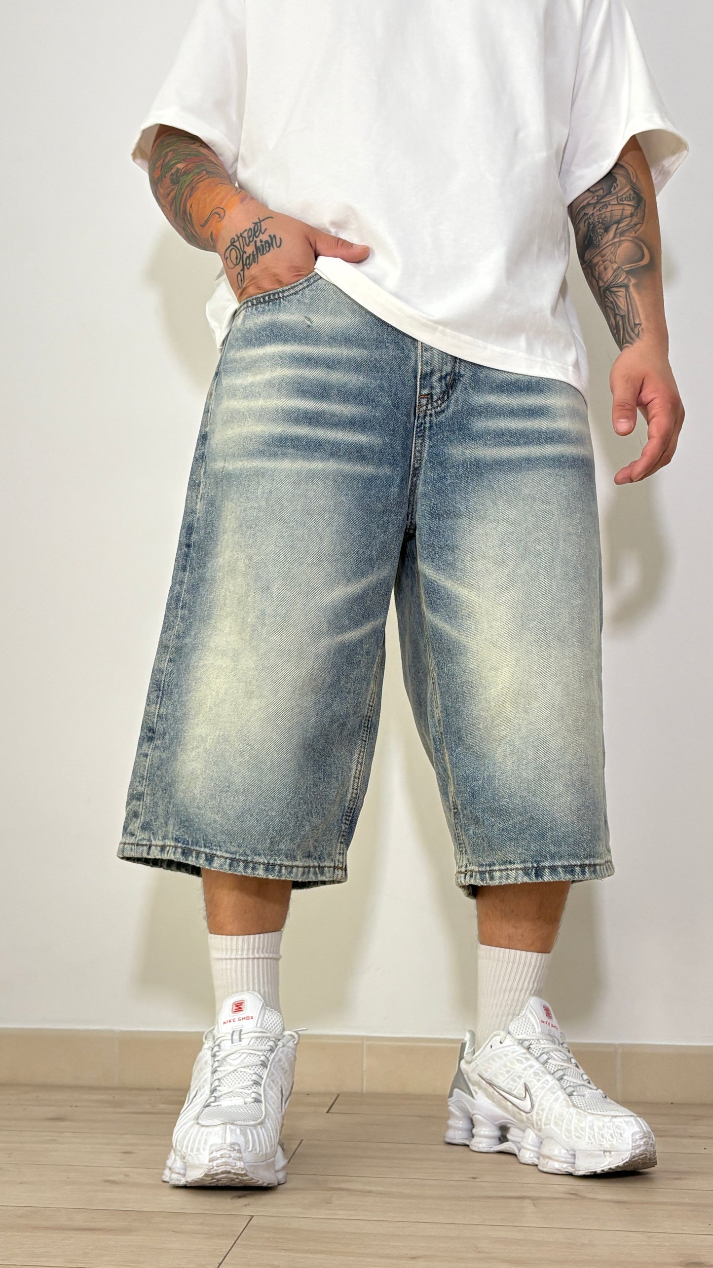Bermuda Jeans Baggy Denim Vintage Wash Azzurro