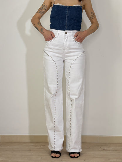 Jeans White Studs Wide Leg
