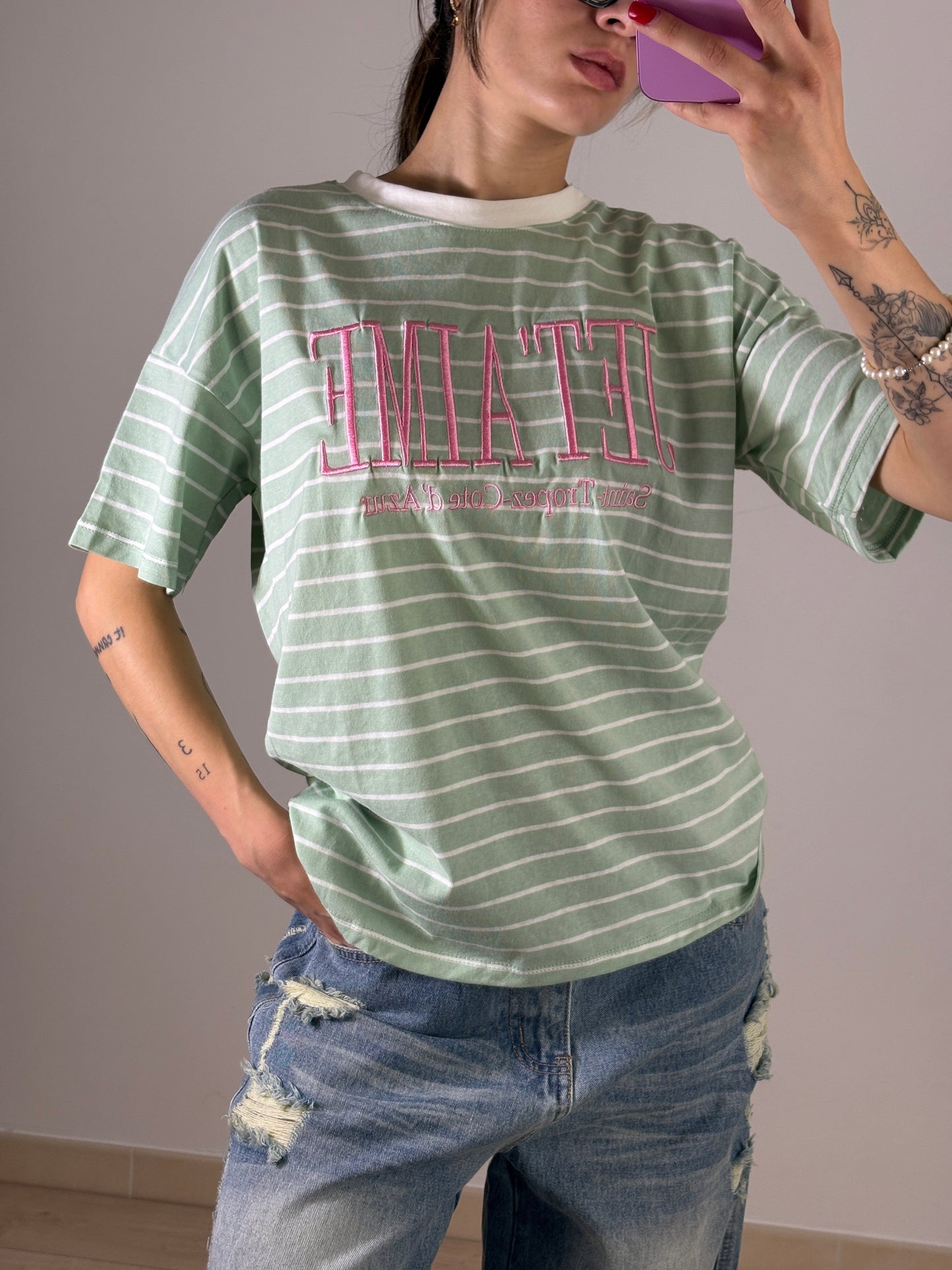 T-Shirt Oversize Righe Street Pink