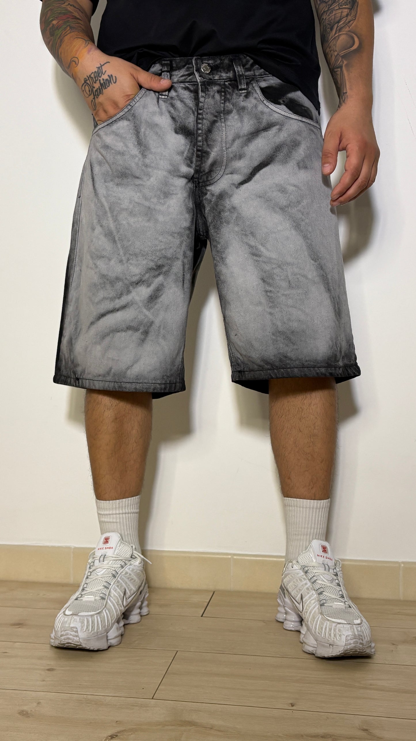 Short Denim Streetwear Marble Wash Grigio/Nero