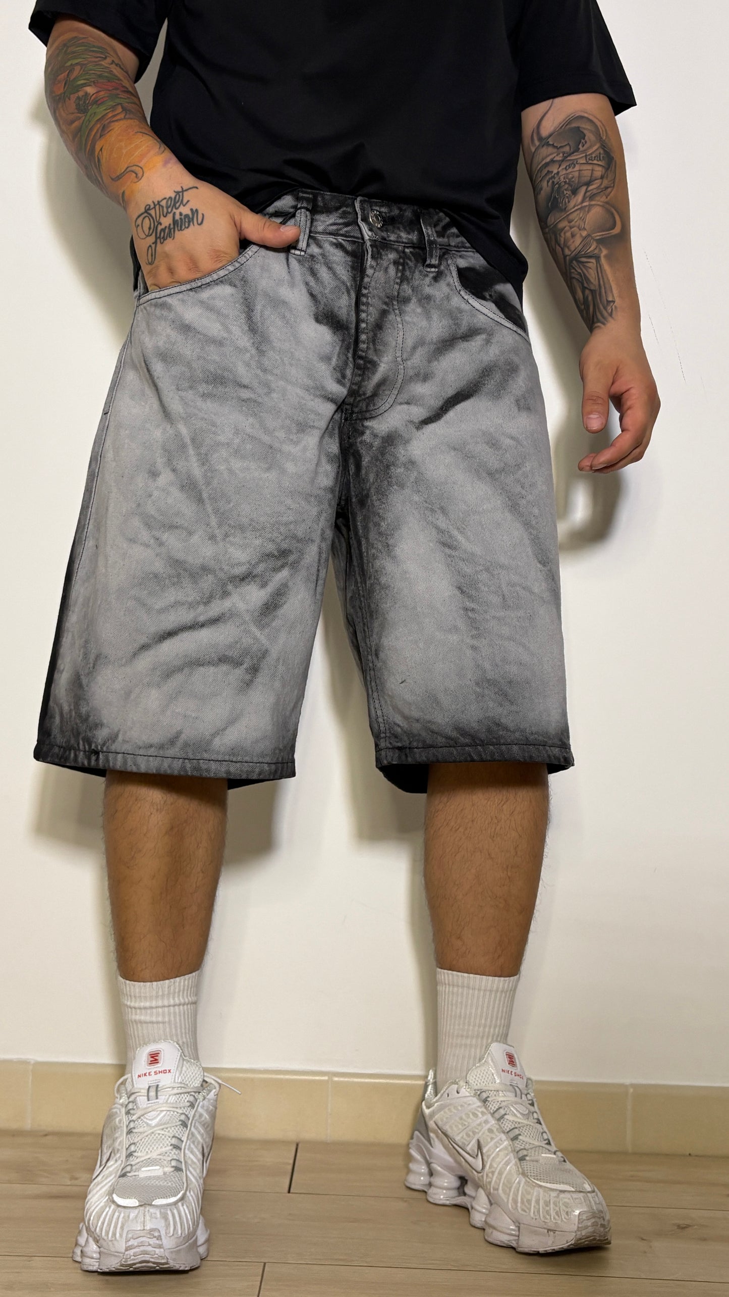 Short Denim Streetwear Marble Wash Grigio/Nero