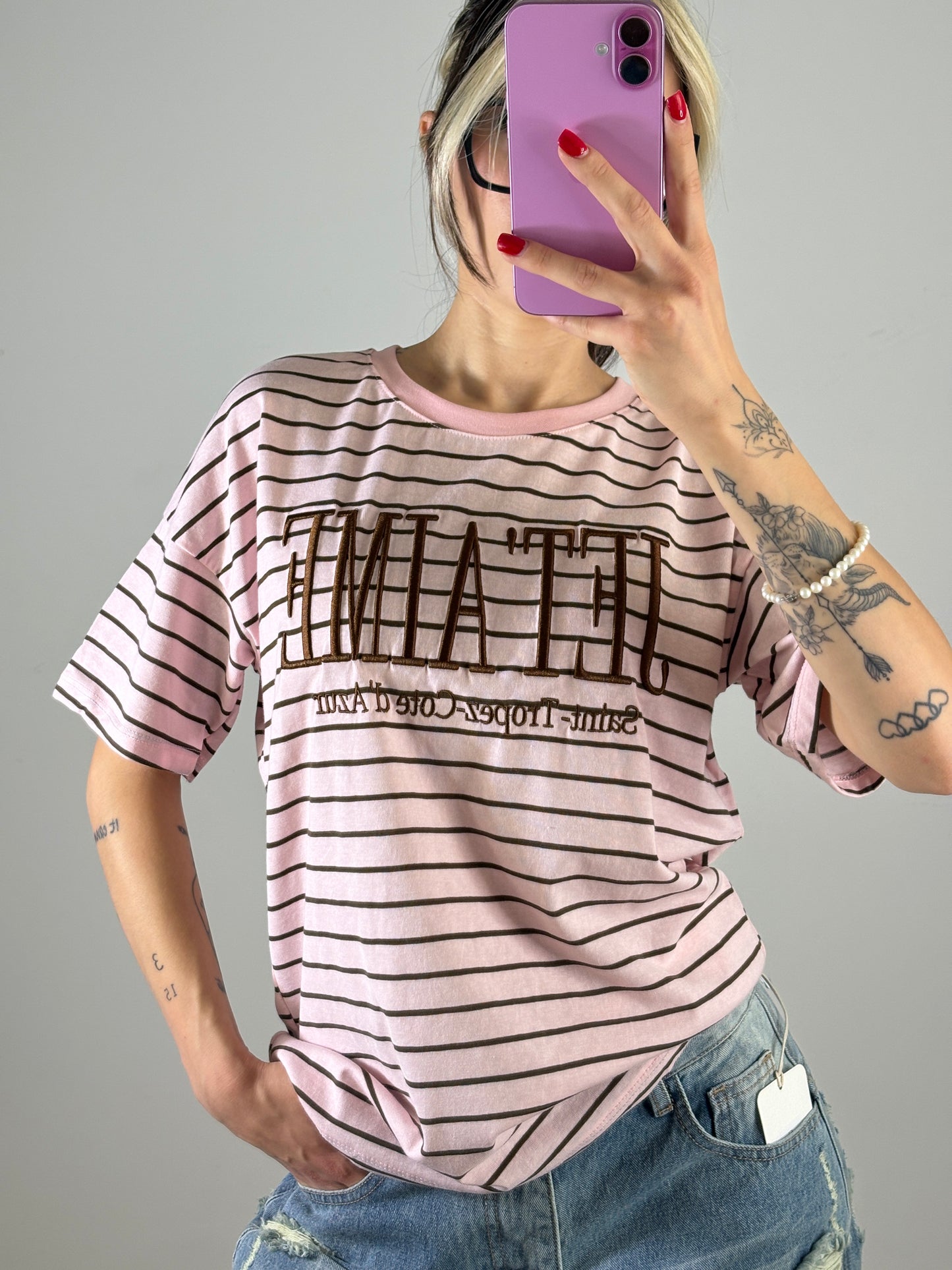 T-Shirt Oversize Righe Street Pink
