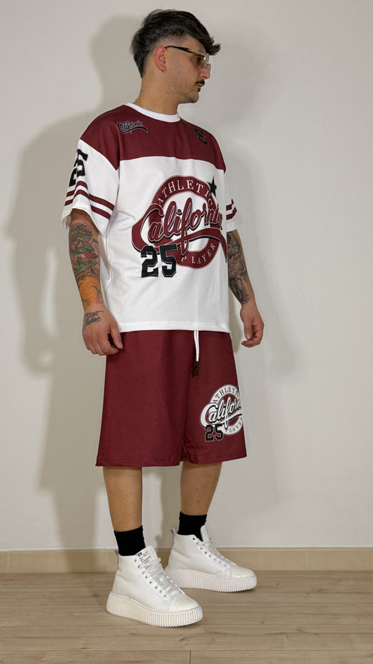 Completo Oversize California 25 Bordeaux &amp; Bianco – T-Shirt + Bermuda Streetwear
