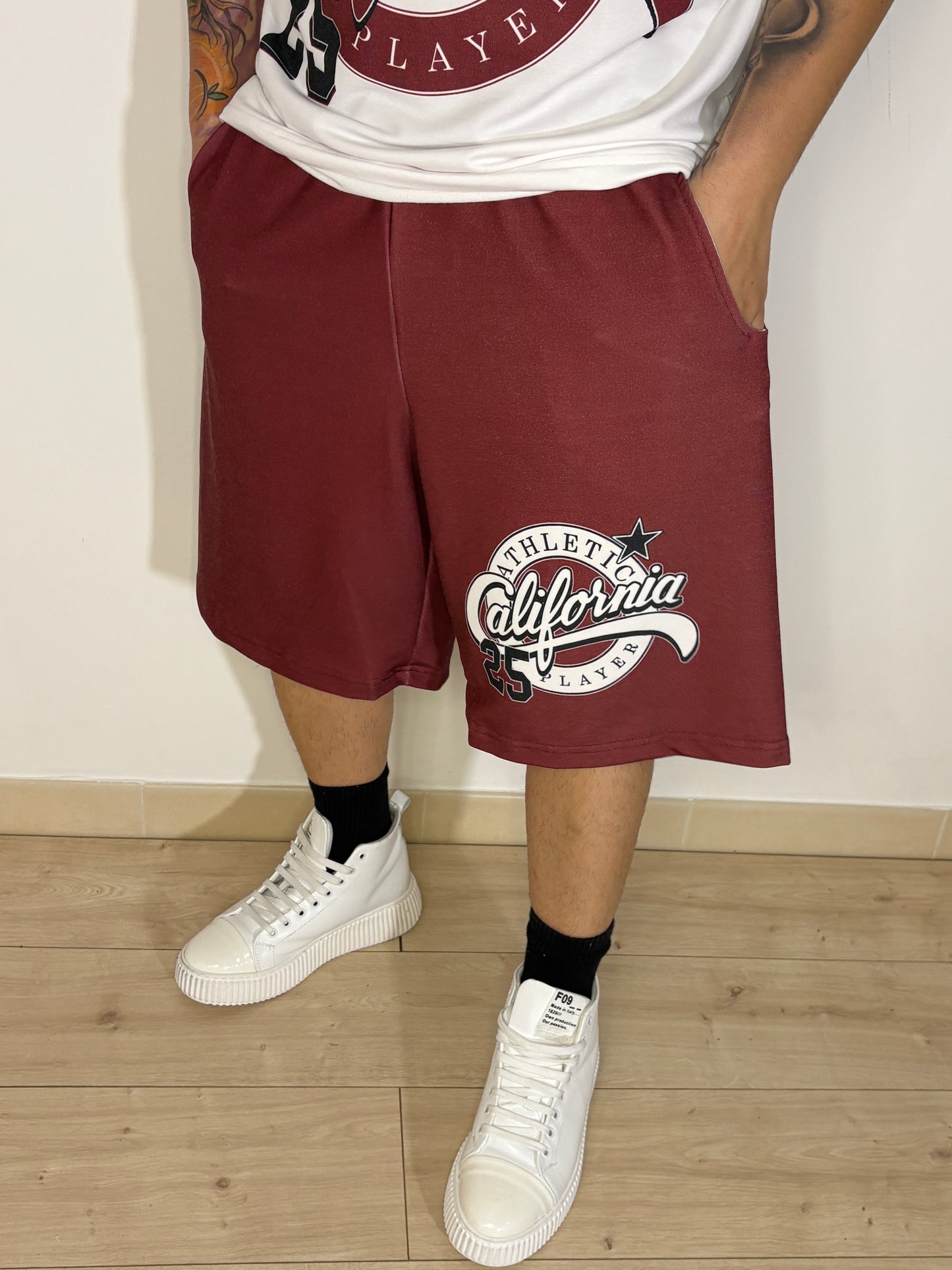 Completo Oversize California 25 Bordeaux &amp; Bianco – T-Shirt + Bermuda Streetwear